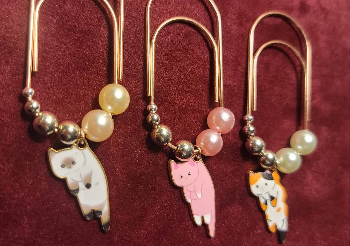 Set of rose gold "Hang in There" luxury kitten paperclip charms and bookmarks for planners, agendas, books & binders. - Thrice Exceptional